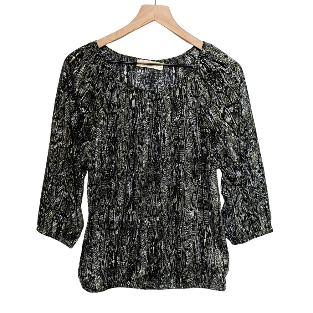 Faded Glory L Black Green Snake Animal Print 3/4 Sleeve Peasant Top Blouse 12-14